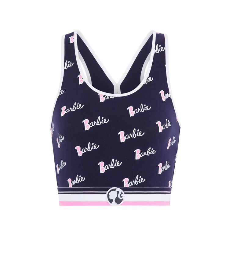 Top sujetador con estampado de logo de barbie chambarbiz azul marino.