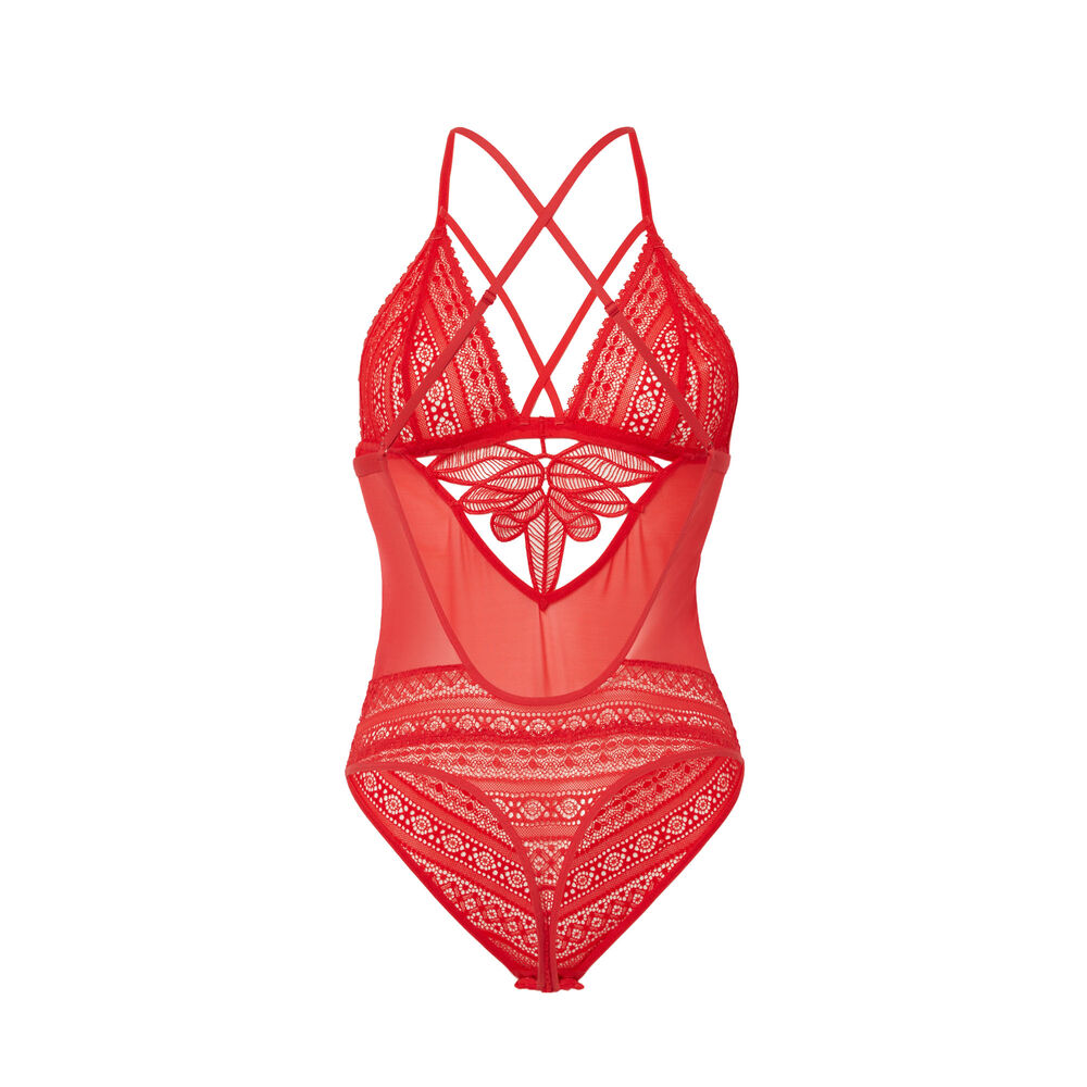 Body de encaje de flores y rejilla - rojo rojo.