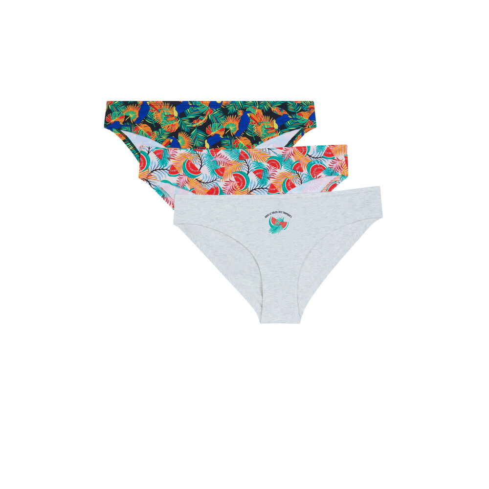 Juego de 3 braguitas con estampado tropical gris gris.