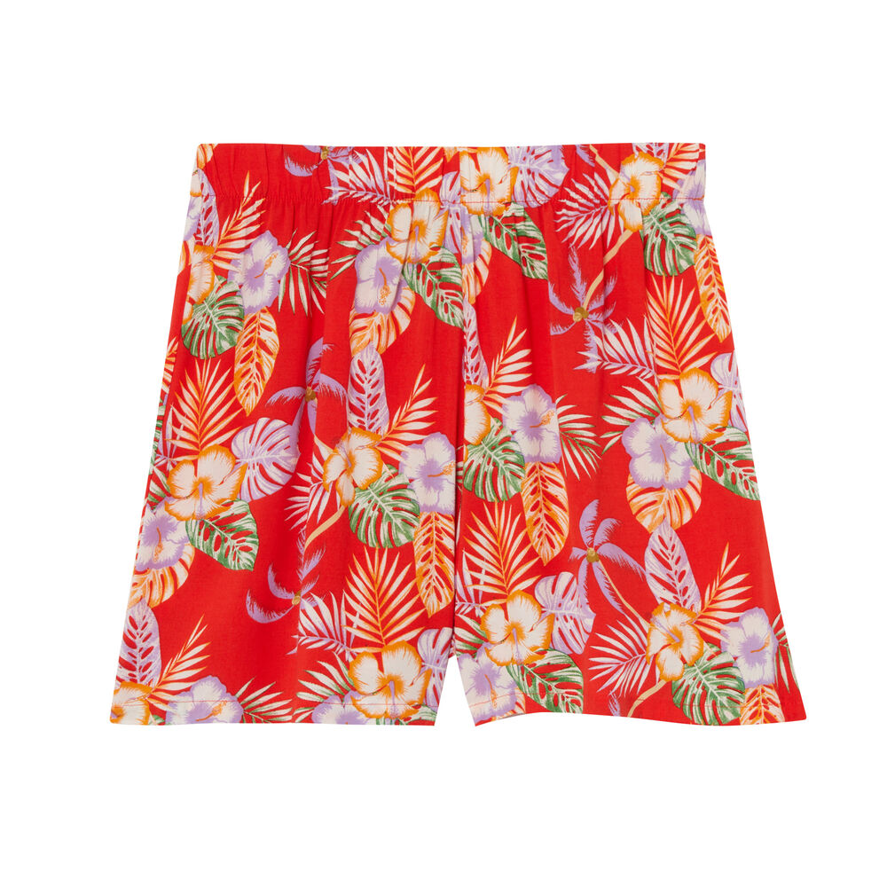 Shorts de satén con motivos de flores tropicales - rojo rojo.