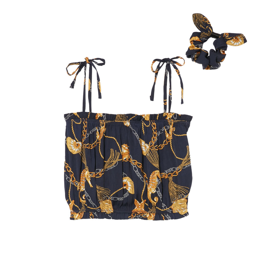 Top fruncido con estampado de cadenas y conchas con goma - azul azul.
