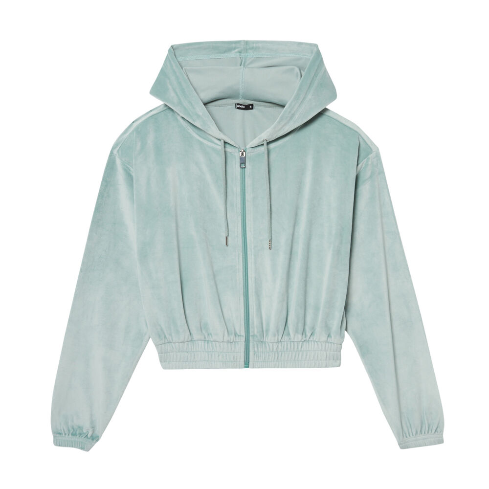 Chaqueta crop de terciopelo con talle elástico - verde agua verde.