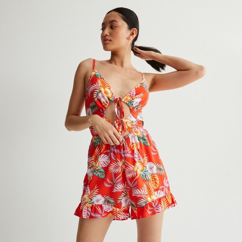 mono corto estampado tropical calado y anudado - rojo mono corto estampado tropical calado y anudado - rojo;
