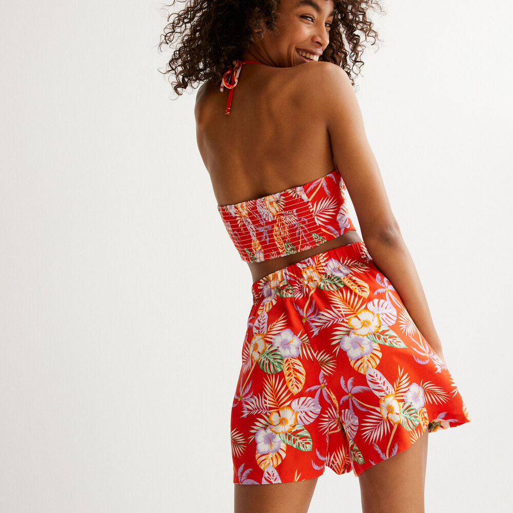 Top de satén con la espalda desnuda con motivos de flores tropicales - rojo rojo.