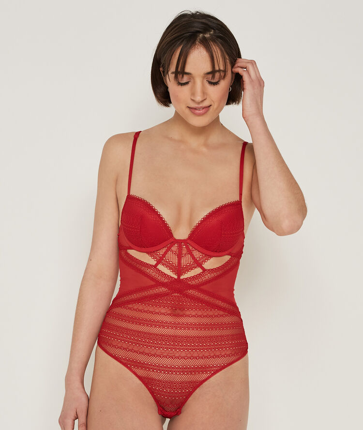 Body push-up de encaje con detalle de coraz&oacute;n bigheartiz rojo.