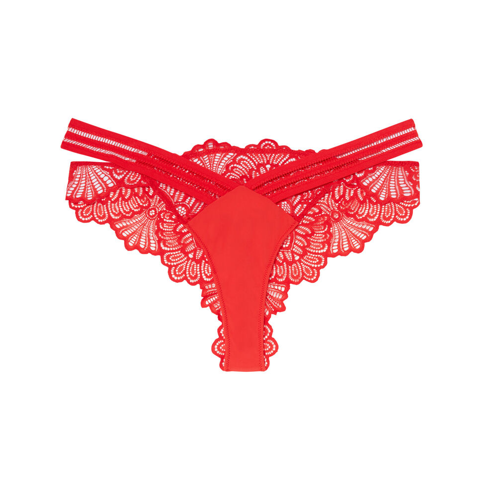 Braguita brasileña calada con aplicación de encaje - rojo rojo.