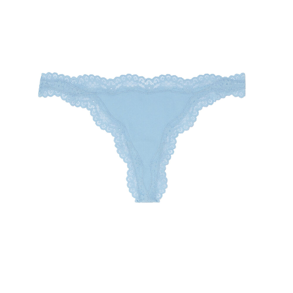 Tanga liso con bordes de encaje - azul azul.