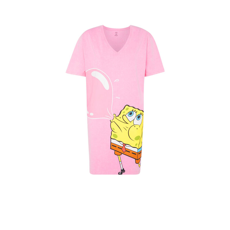 Camiseta larga con estampado de Bob Esponja - blanca Camiseta larga con estampado de Bob Esponja - blanca ;