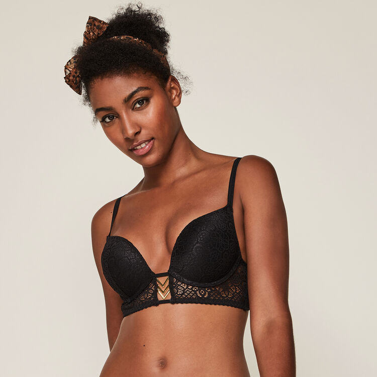 Sujetador corpiño push-up de encaje con detalle ethnobiz negro.