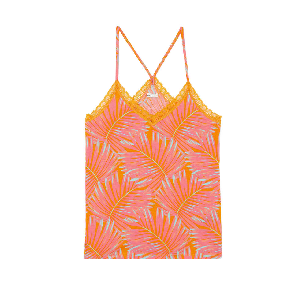 Top de punto con tirantes finos y estampado tropical - mango naranja.