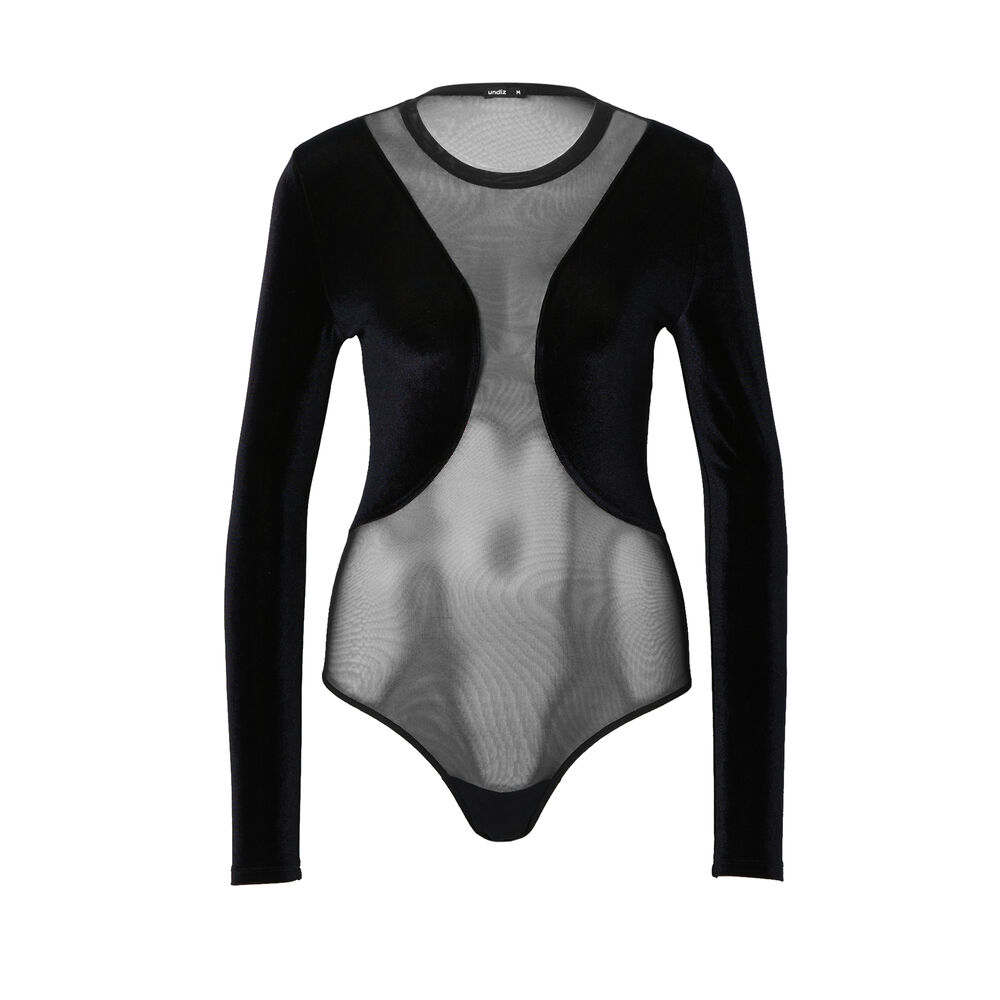 Body de manga larga de rejilla y terciopelo - negro negro.