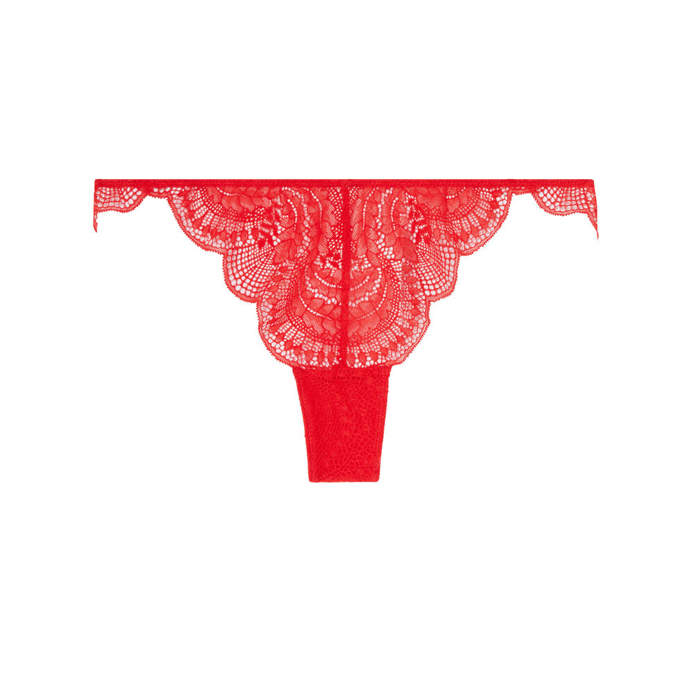 Braguita brasileña de encaje y lazos satinados - rojo rojo.