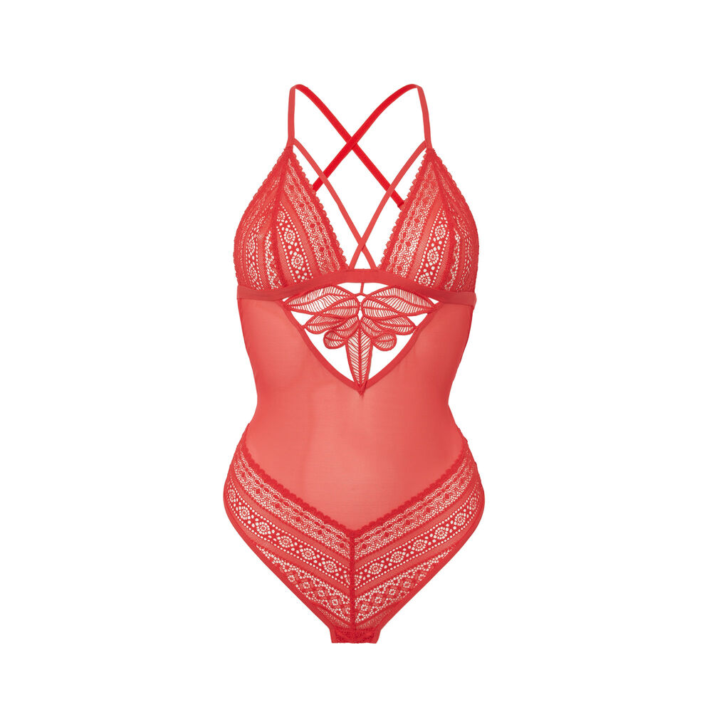Body de encaje de flores y rejilla - rojo rojo.