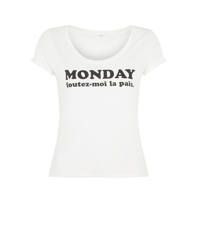 Top de punto con mensaje bemondayiz blanco roto.