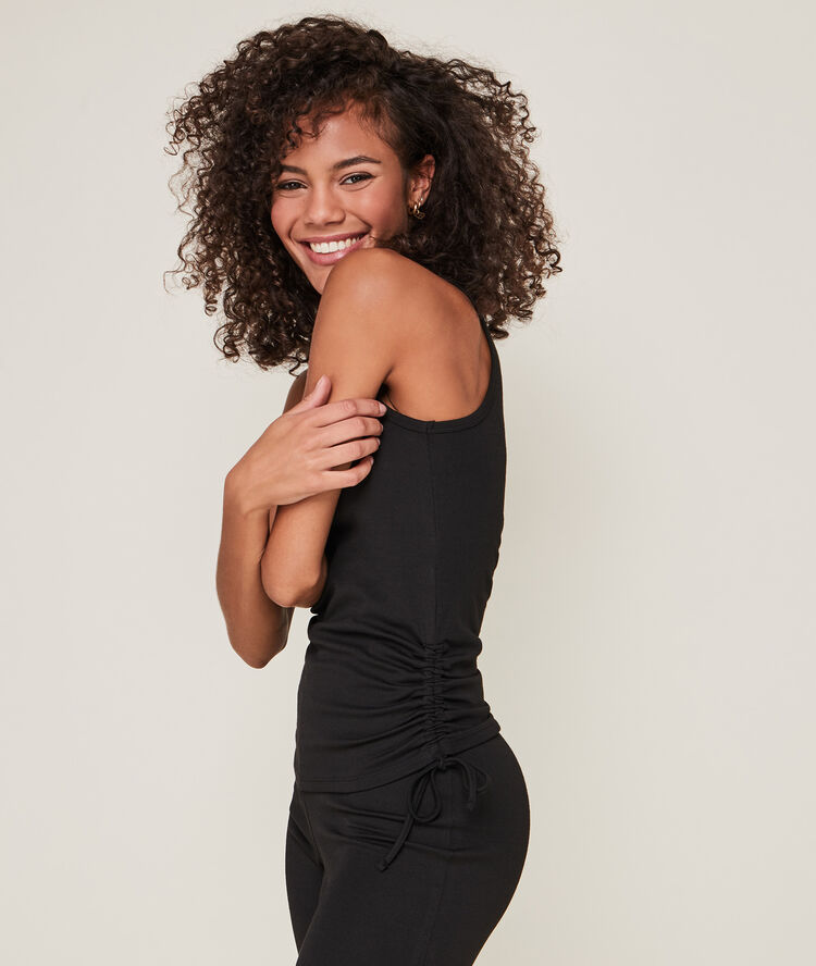 Top camiseta sin mangas de punto liso sidedrawstiz negro.