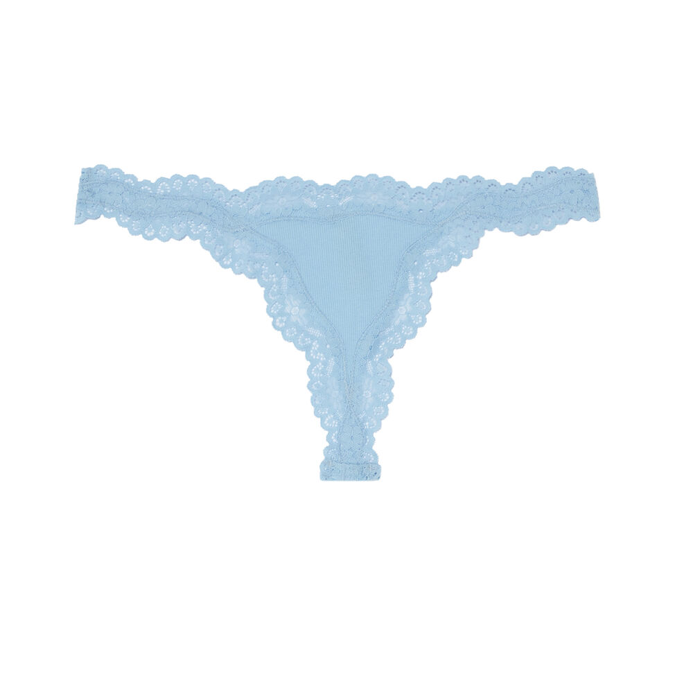 Tanga liso con bordes de encaje - azul azul.