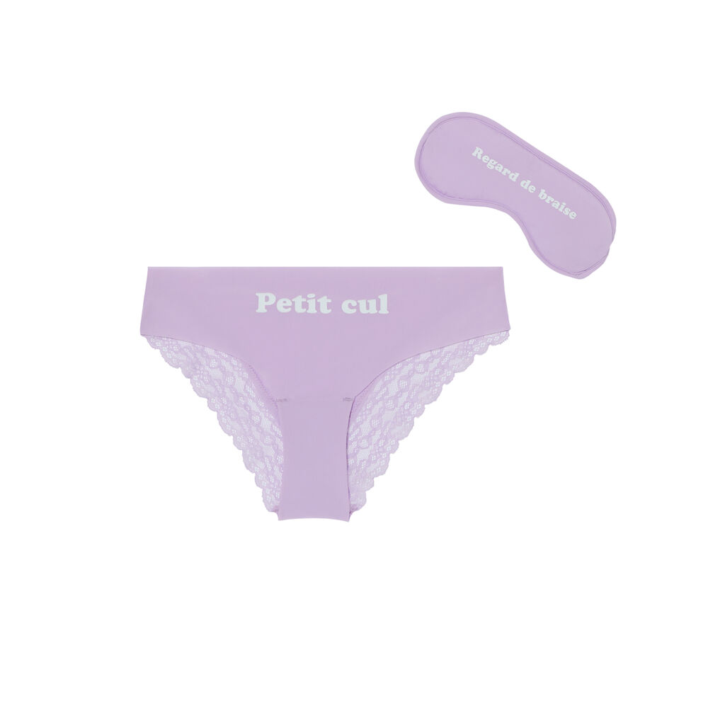 Juego de antifaz y braguita con estampado de texto - lila morado.