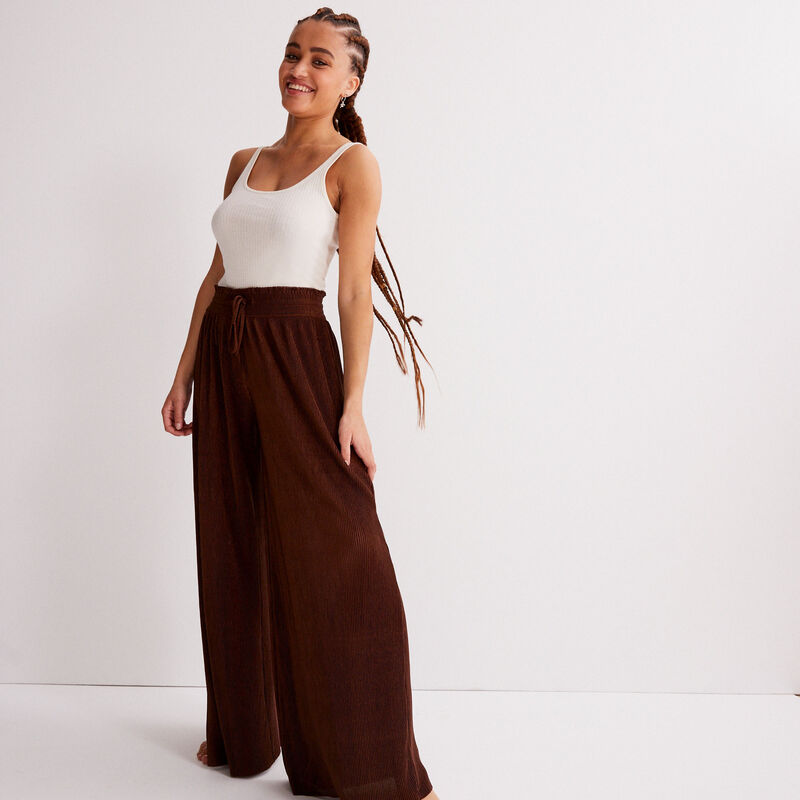 Pantalón ancho con cintura fruncida - marrón Pantalón ancho con cintura fruncida - marrón;