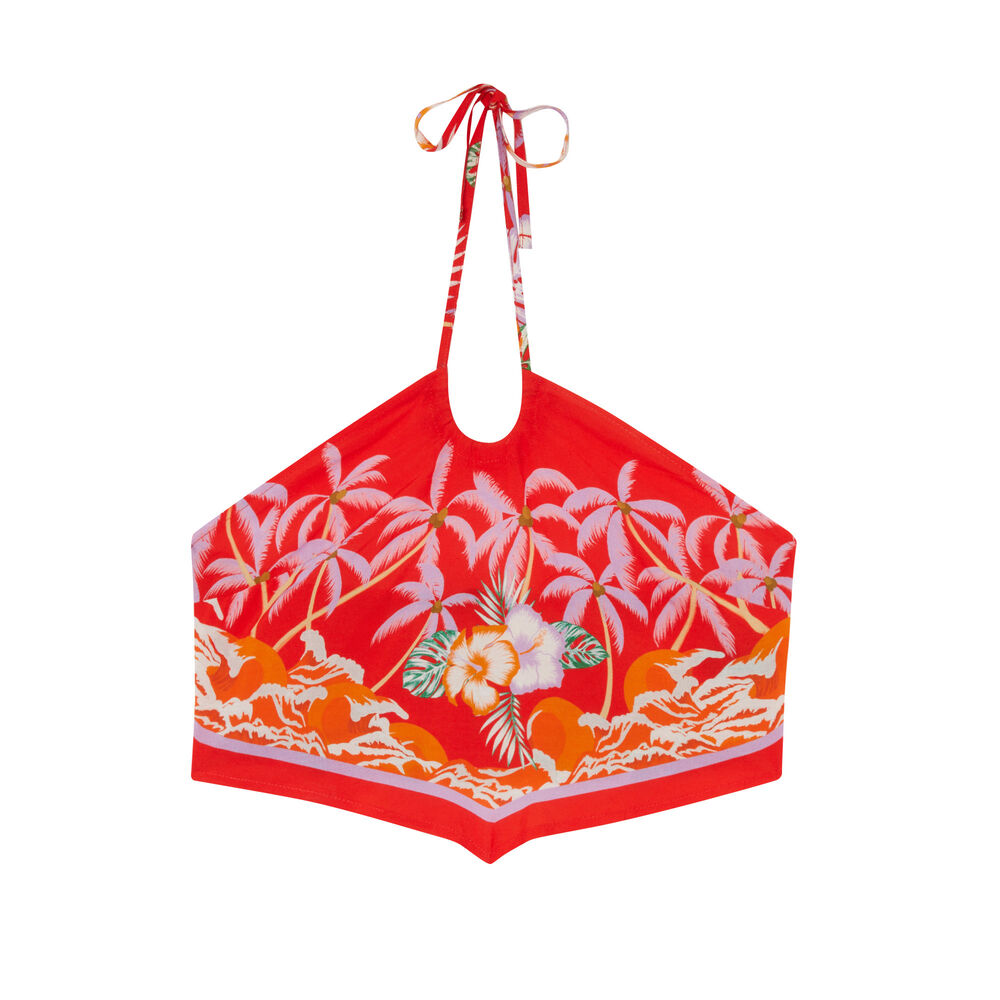 Top de satén con la espalda desnuda con motivos de flores tropicales - rojo rojo.