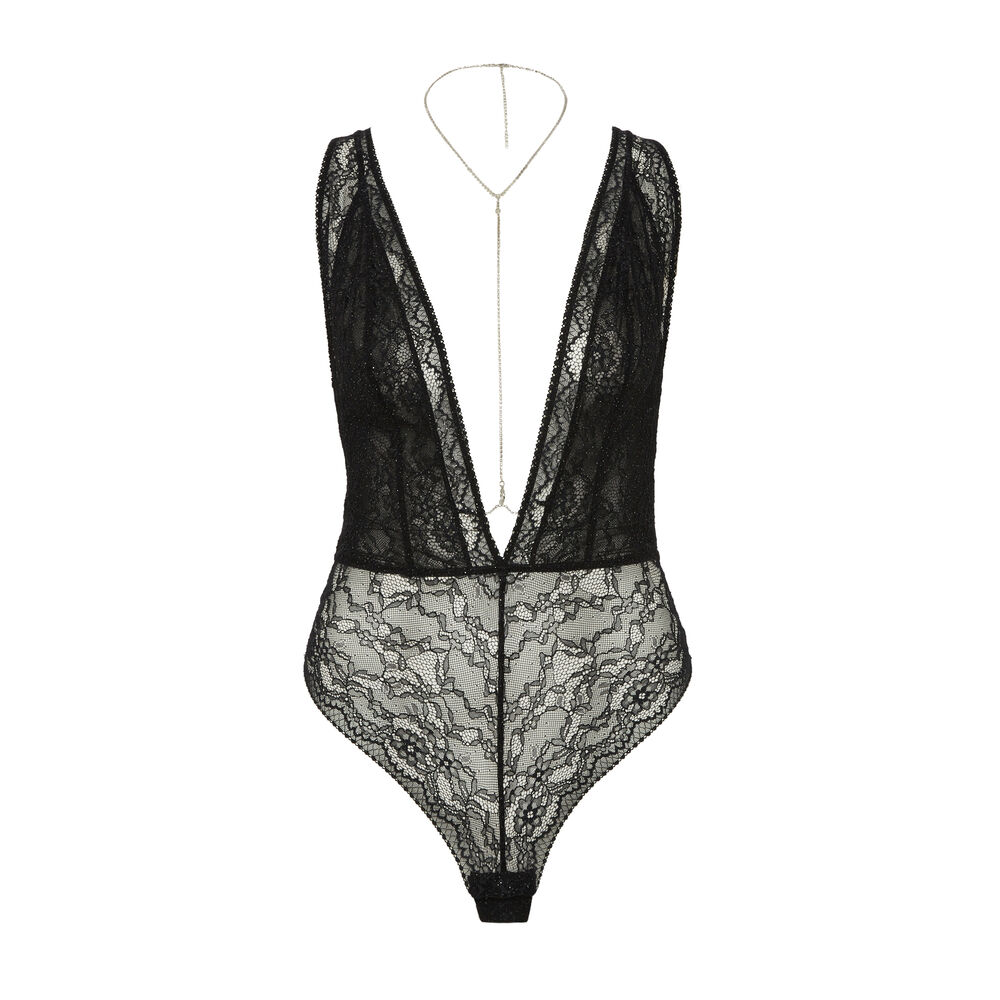 Body completamente de encaje con detalle de cadena corporal - negro negro.