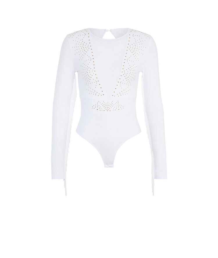 Body de punto con flecos y detalles de studs elviz blanco.