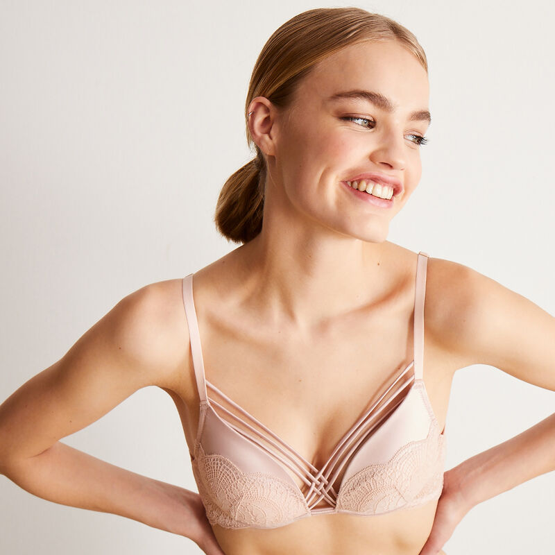 Sujetador push-up de encaje con cinta satinada - rosa Sujetador push-up de encaje con cinta satinada - rosa;