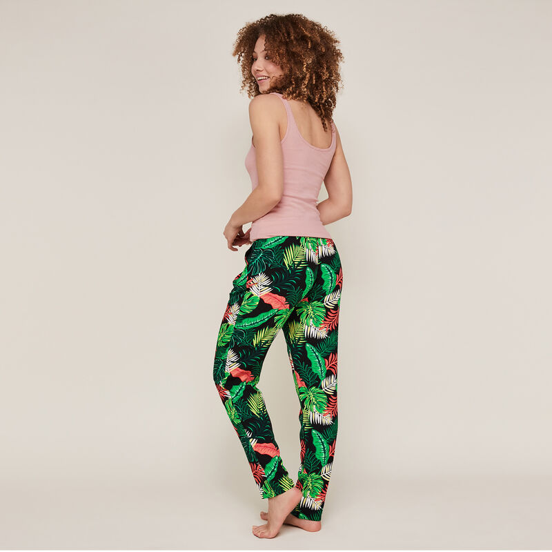 Pantalón amplio con estampado tropical negro Pantalón amplio con estampado tropical negro;