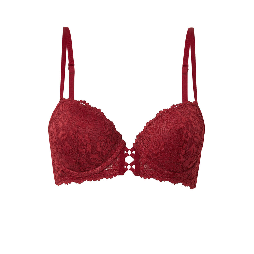 Sujetador push-up burdeos con encaje de flores - burdeos rojo.