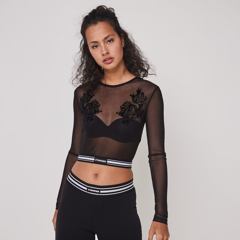 Top matière mesh détail broderie dragoniz noir.