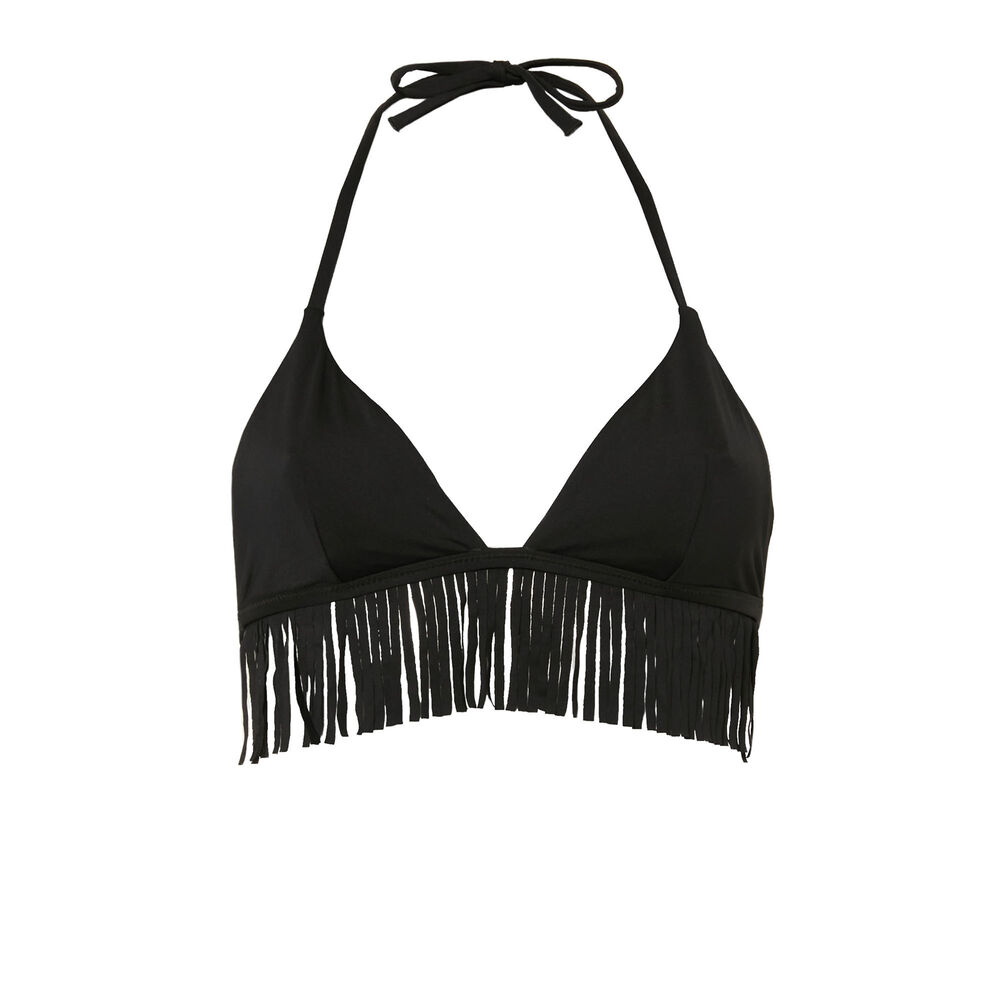 Parte de arriba de bikini triángulo sin aros con flecos - negro negro.