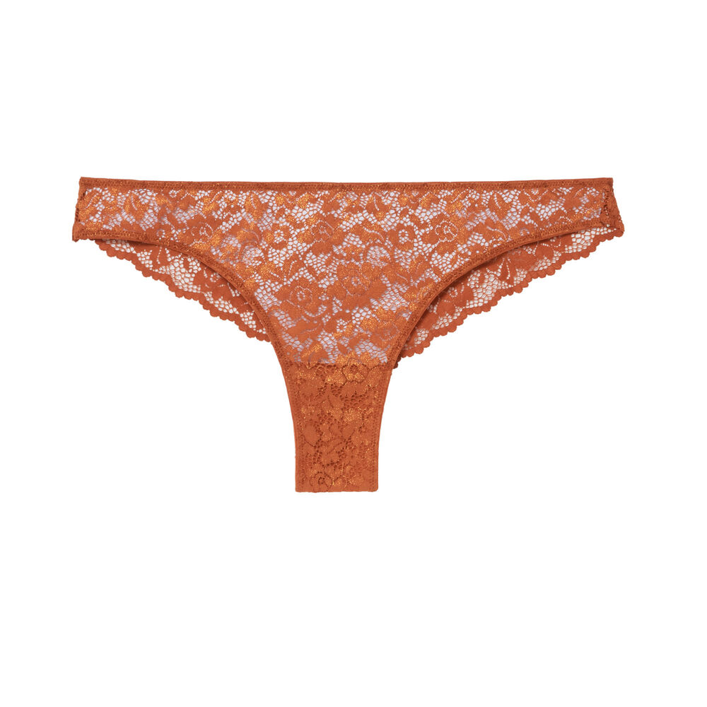 Braguita brasileña con encaje de flores - camel irisado marrón.