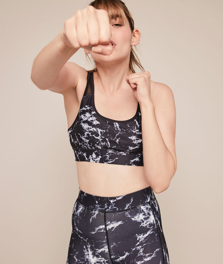 Sujetador deportivo con estampado de mármol supermarbliz negro.